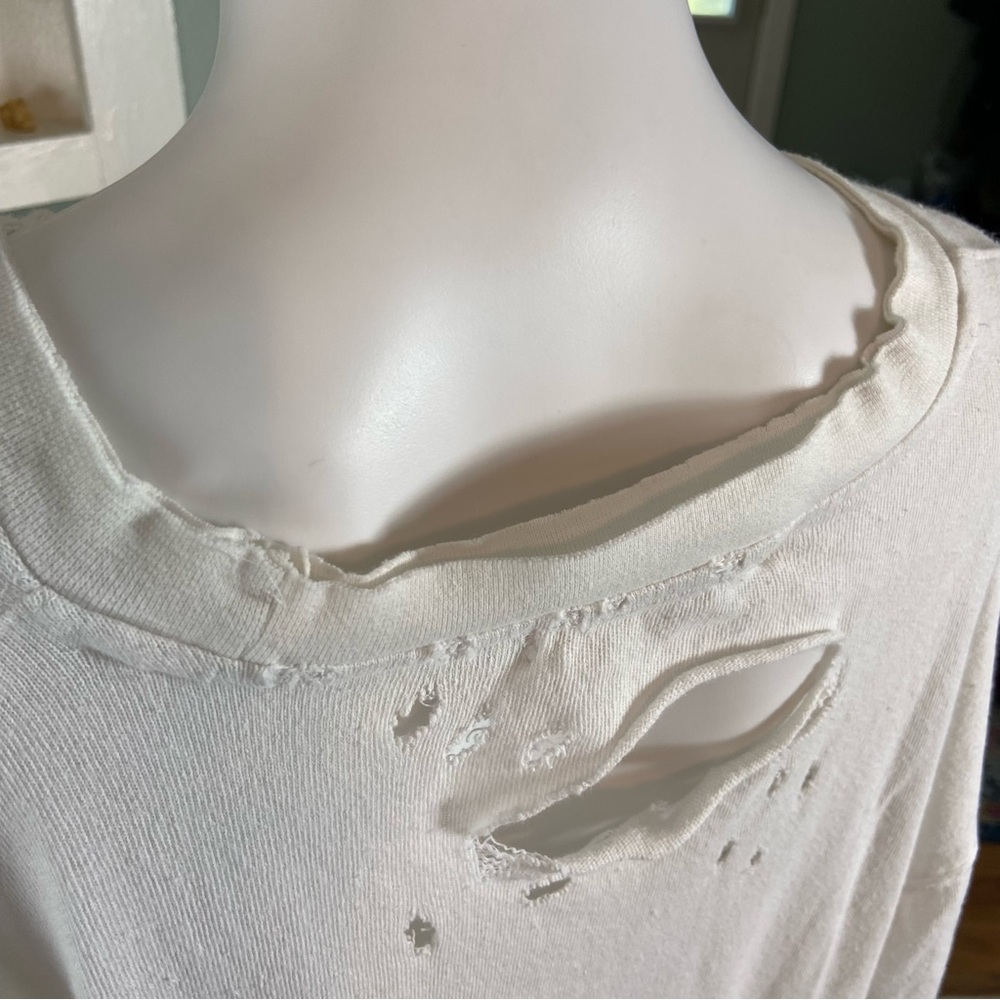 We The Free People Rubi Ivory Bone White Distressed Short Sleeve Tee T Shirt XL - Picture 11 of 13